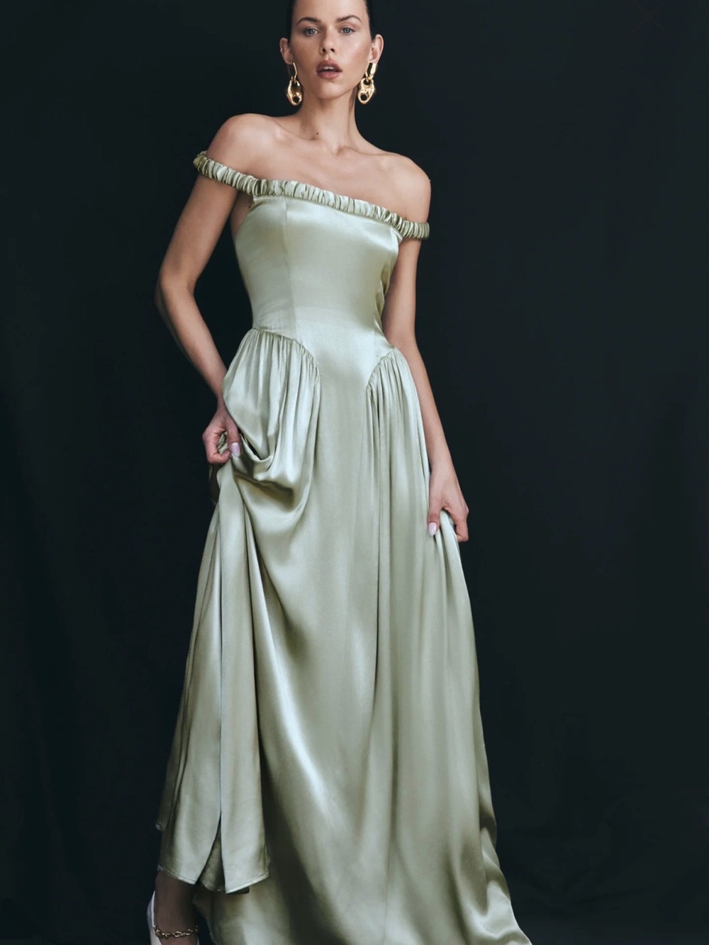 Meshki One-Shoulder Satin Gown in Sage Green